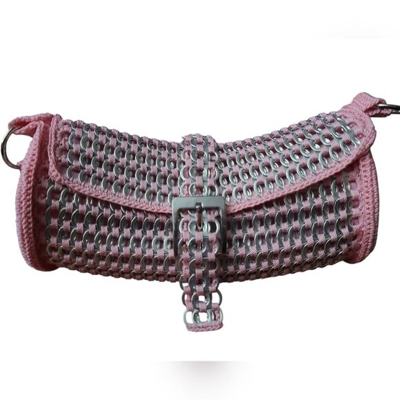 Eco-Chic Handmade Women's Pink and Silver Soda Pop Tab Upcycled Handbag - Picture 3 of 9